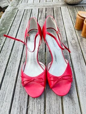 Marc Fisher Red Leather Peep-Toe Bow Ankle-Strap Heels